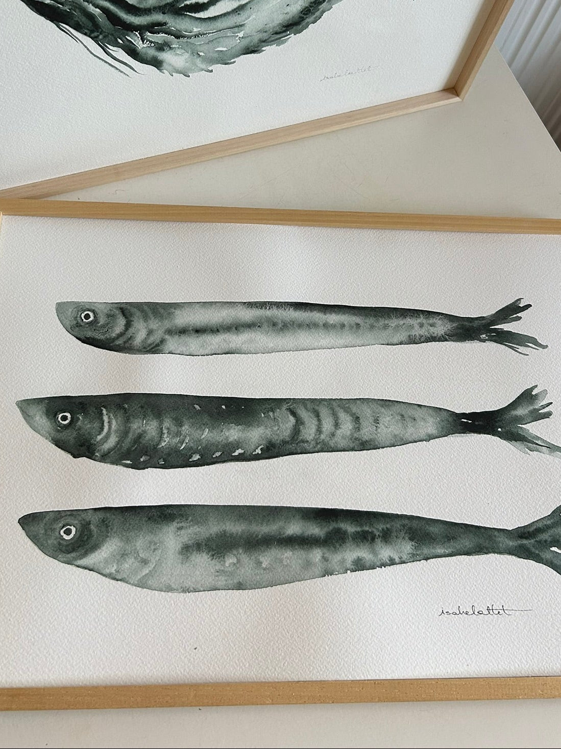 Sardinas pintadas de color azul para decorar casas de playa, cuadro original y único, pintado en acuarela por la artista Isabel Altet